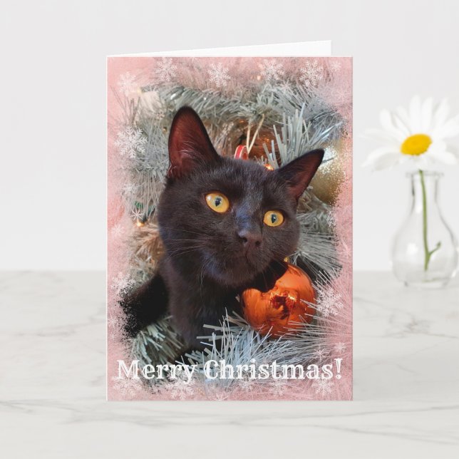 Black Cat Merry Christmas  Card (Small Plant)