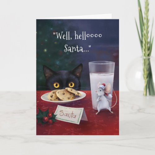 Black Cat Merry Christmas Santa Mouse Holiday Card