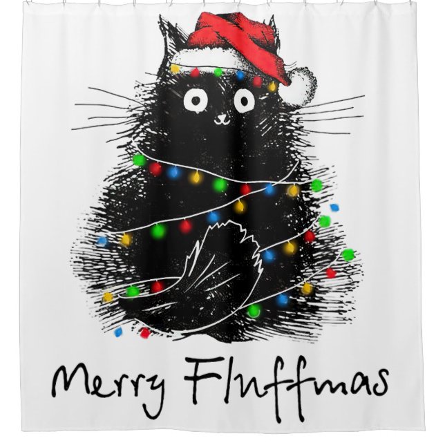 Black Cat Merry Fluffmas, Cat Christmas Tree Light Shower Curtain (Front)
