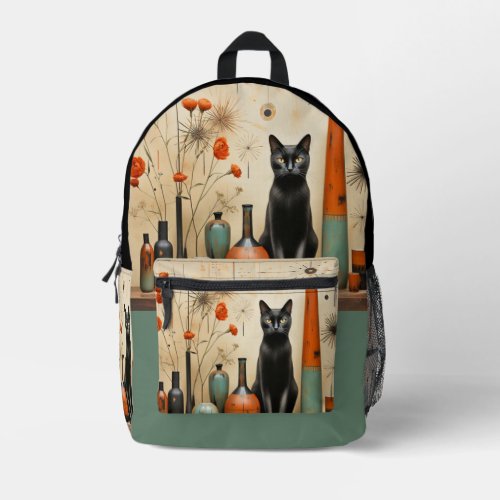 Black Cat Mid Century Mod Turquoise Black Orange Printed Backpack