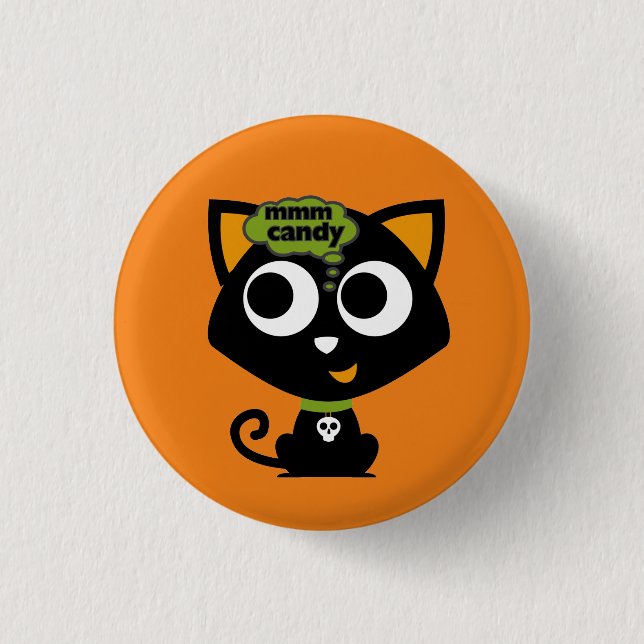 Black Cat Mmm Candy Halloween Button (Front)