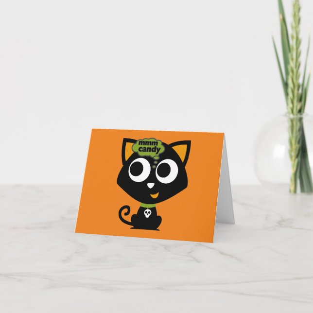 Black Cat Mmm Candy Halloween Letterpress Thank You Card (Front)