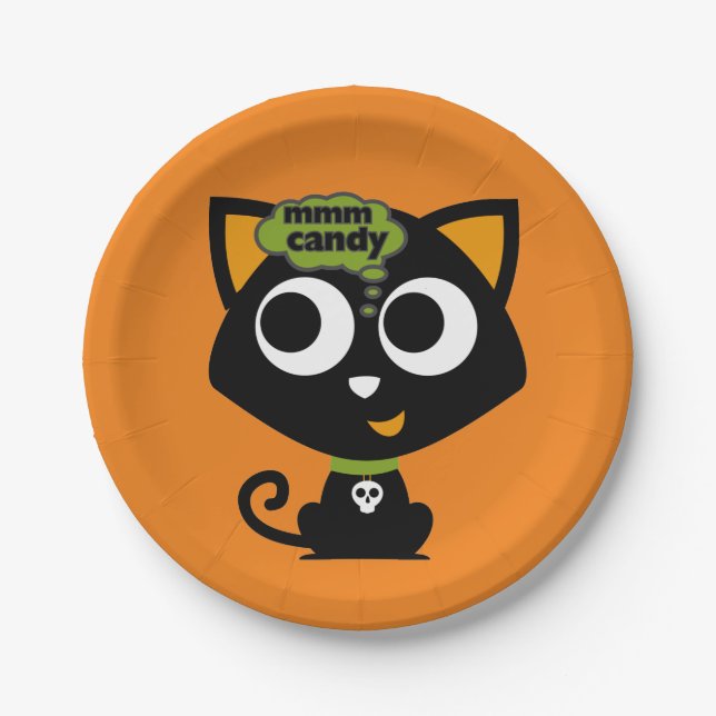 Black Cat Mmm Candy Halloween Paper Plates (Front)