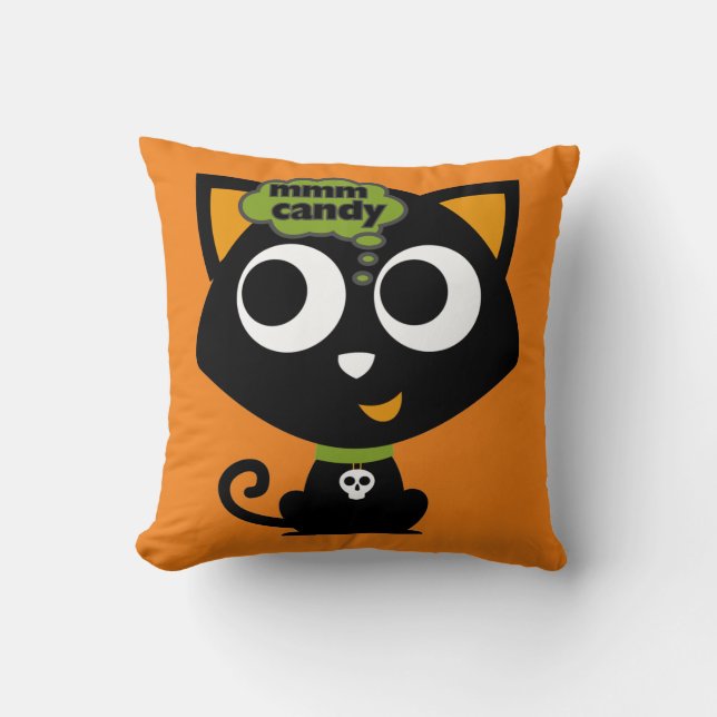 Black Cat Mmm Candy Halloween T-Shirt Throw Pillow (Front)