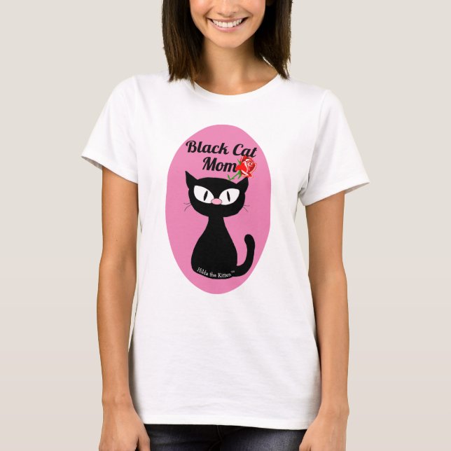 Black Cat Mom Cute Cartoon Black Cat with Red Rose T-Shirt (Front)