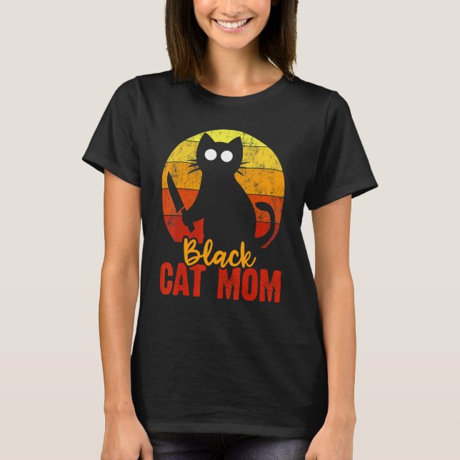 Black Cat Mom Halloween Gore Meow With Bloody Knif T-Shirt (Front)