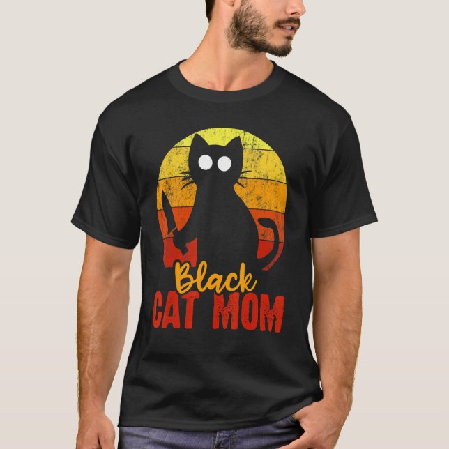 Black Cat Mom Halloween Gore Meow With Bloody Knif T-Shirt (Front)