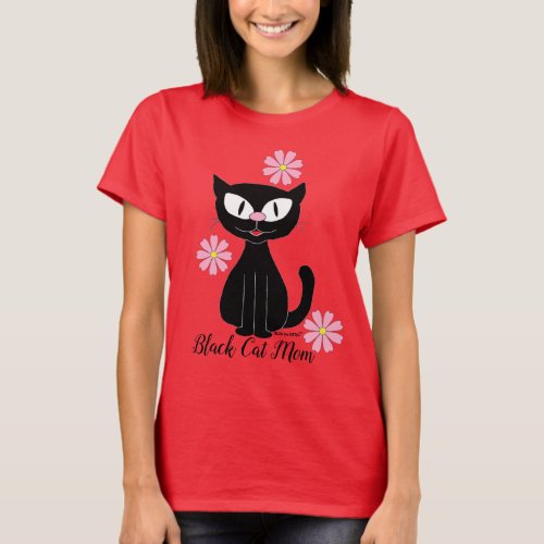 Black Cat Mom with Pretty Pink Flowers Cat Lover T_Shirt