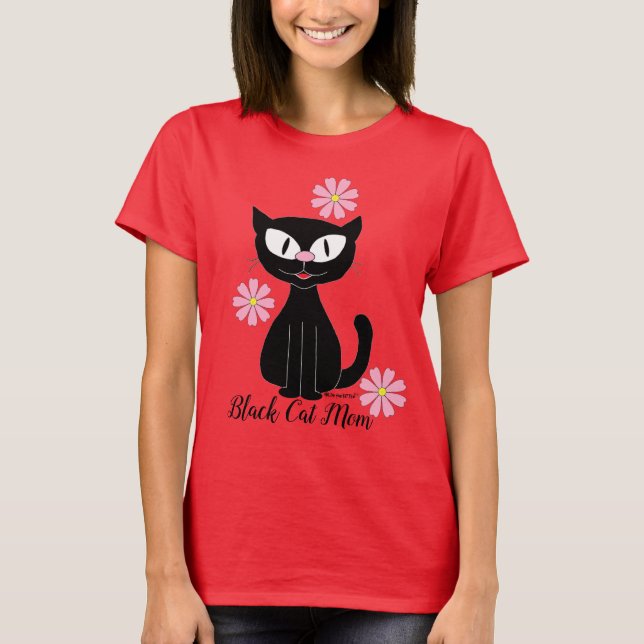 Black Cat Mom with Pretty Pink Flowers Cat Lover T-Shirt (Front)