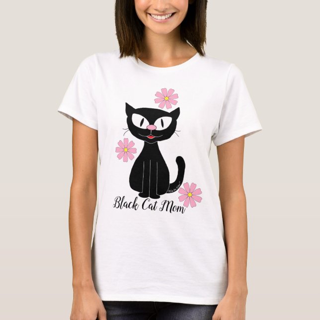 Black Cat Mom with Pretty Pink Flowers Cat Lover T-Shirt (Front)