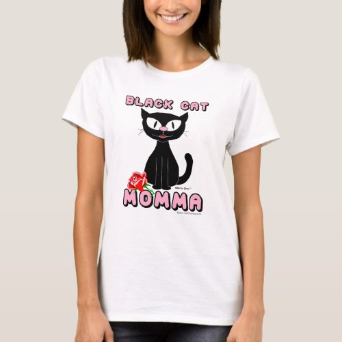 BLACK CAT MOMMA Smiling Cartoon Cat with Red Rose T_Shirt