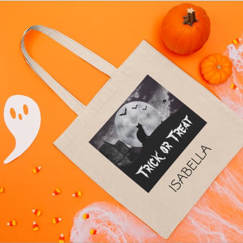 Black Cat Monogram Name Halloween Trick or Treat Tote Bag