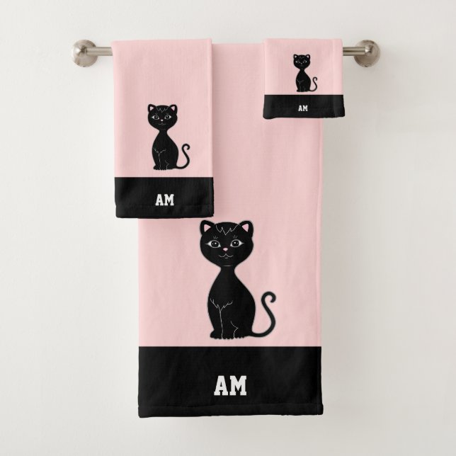 Black Cat & Monogram on Black & Pink Bath Towel Set (Insitu)