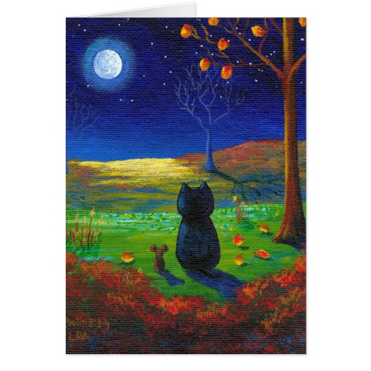 Black Cat Moon Fall Leaves Creationarts Cards (Front)