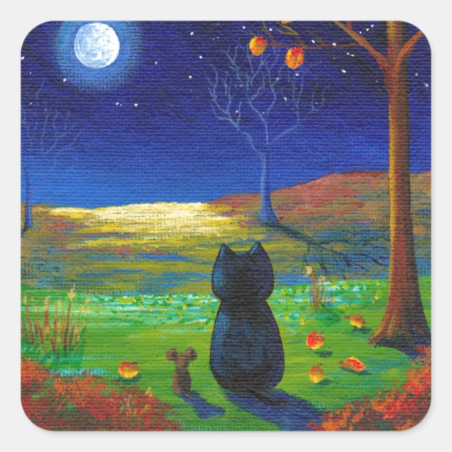 Black Cat Moon Fall Leaves Creationarts Square Sticker (Front)