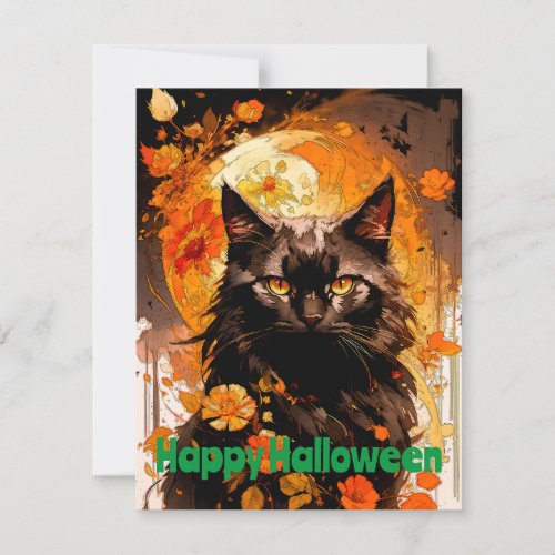 Black Cat Moon Magic flowers Note Card