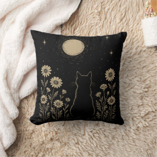 Black Cat Moon Minimalist Wildflower Throw Pillow
