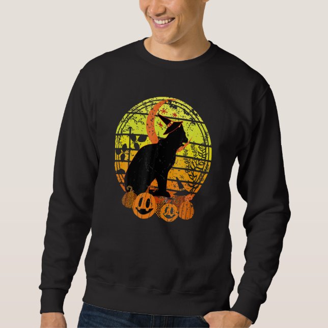 Black Cat Moon Pumpkin Witch Hat Halloween Scary V Sweatshirt (Front)