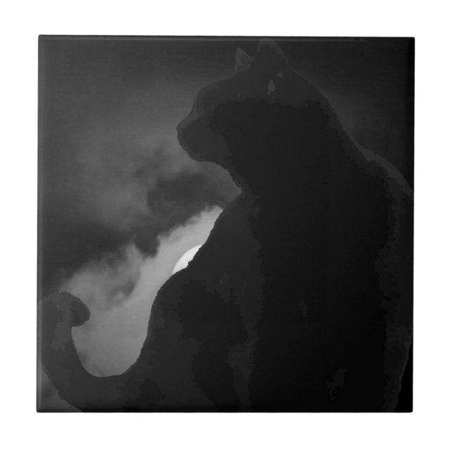 Black Cat Moonlight Silhouette Ceramic Tile (Front)