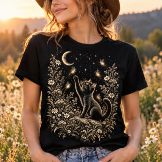 Black Cat Moonlit Firefly Garden T-Shirt