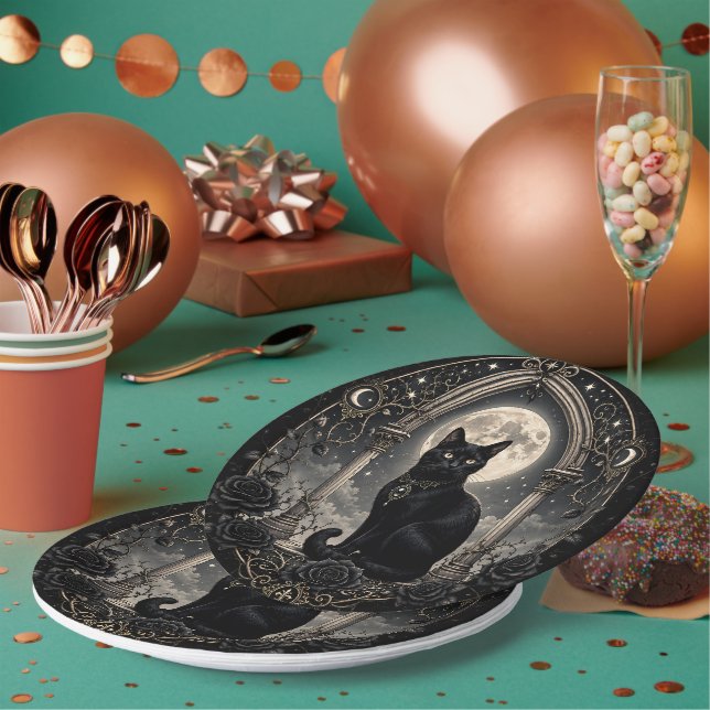 Black Cat Moonlit Gothic Celestial Dark Romance Paper Plates (Multi)