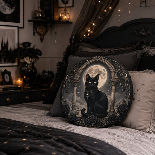 Black Cat Moonlit Gothic Celestial Dark Romance Round Pillow