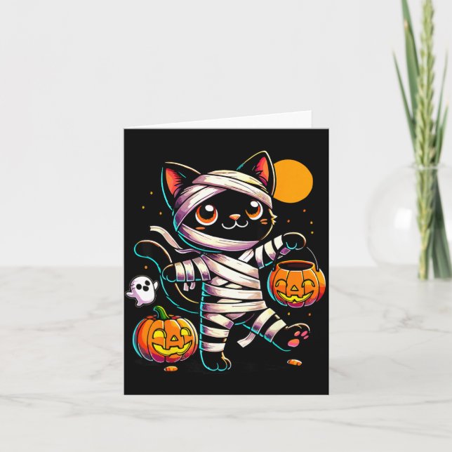 Black Cat Mummy Halloween Pumpkin Card (Front)
