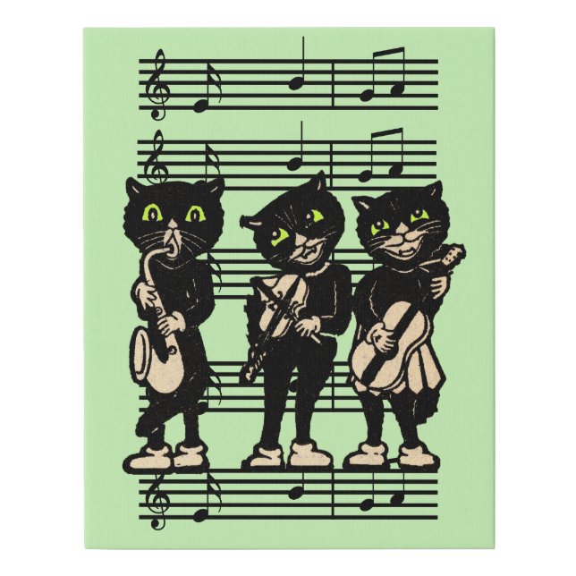 Black Cat Music Band Musical Notes Green Faux Canvas Print (Front)