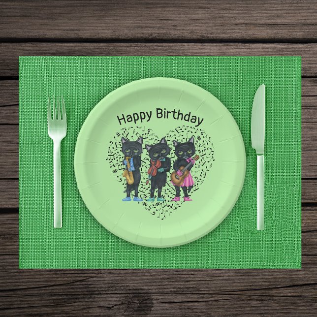 Black Cat Musicians Instruments Music Note Heart Paper Plates (Black cat musicians playing instruments on heart of music notes on light green Birthday paper plates)