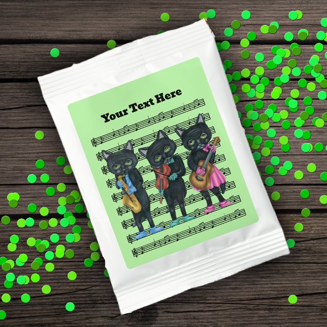 Black Cat Musicians Sheet Music Notes Light Green Hot Chocolate Drink Mix (Black cats playing music instruments on sheet music on light green on drink mix favor packets.)
