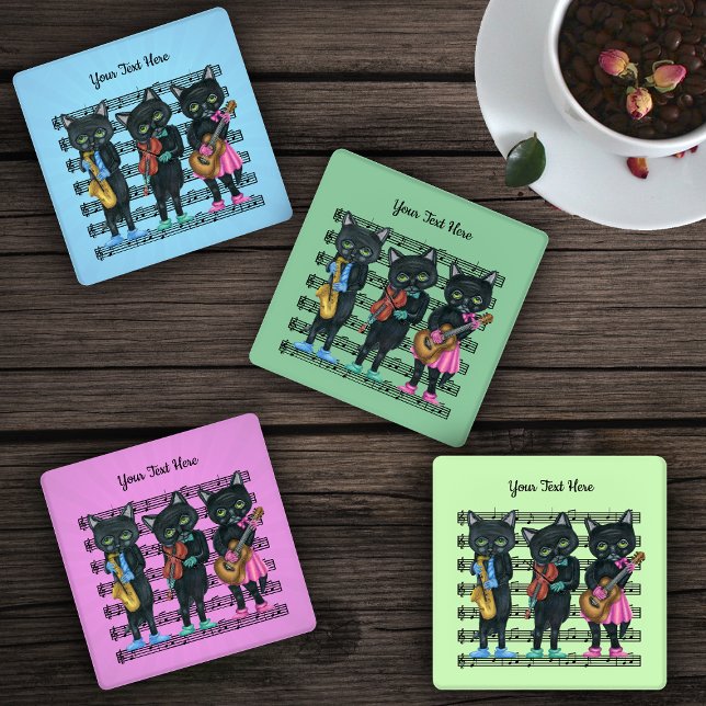 Black Cat Musicians Sheet Music Playing Instrument Coaster Set (Three black cat musicians sheet of music notes on pink, green and blue drink coasters.)
