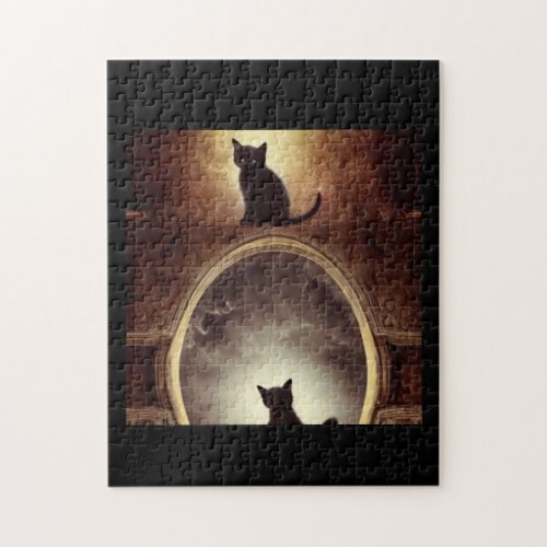 Black cat mystery mirror dark fantasy jigsaw puzzle