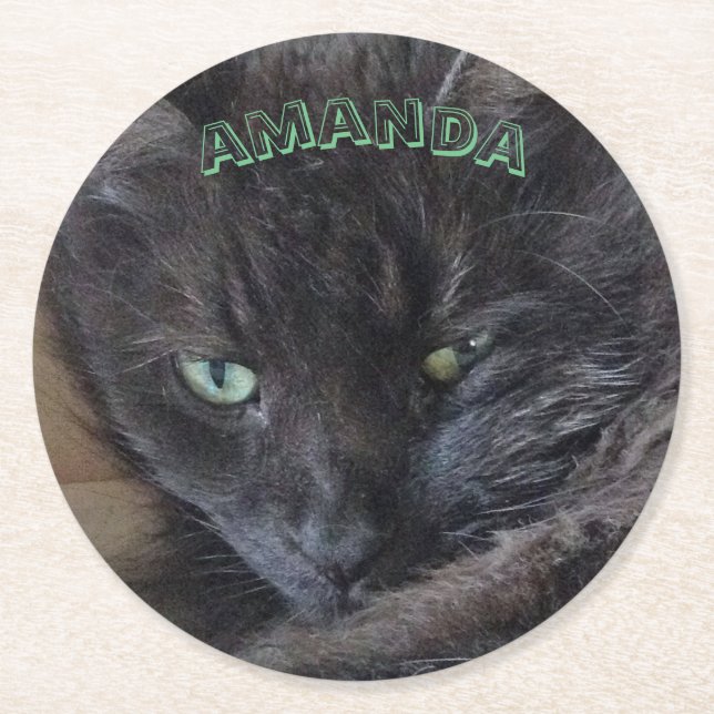 Black Cat Name Round Paper Coaster (Front)