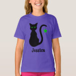 Black Cat Name T-Shirt (Child)<br><div class="desc">A silhouette cartoon of a black cat with green eyes. A green star hangs from the cat's tail. A custom name is below the cat in black text.</div>