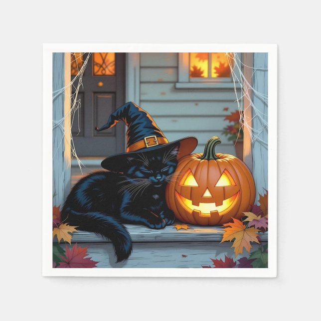 Black Cat Napping on Pumpkin Halloween  Napkins (Front)