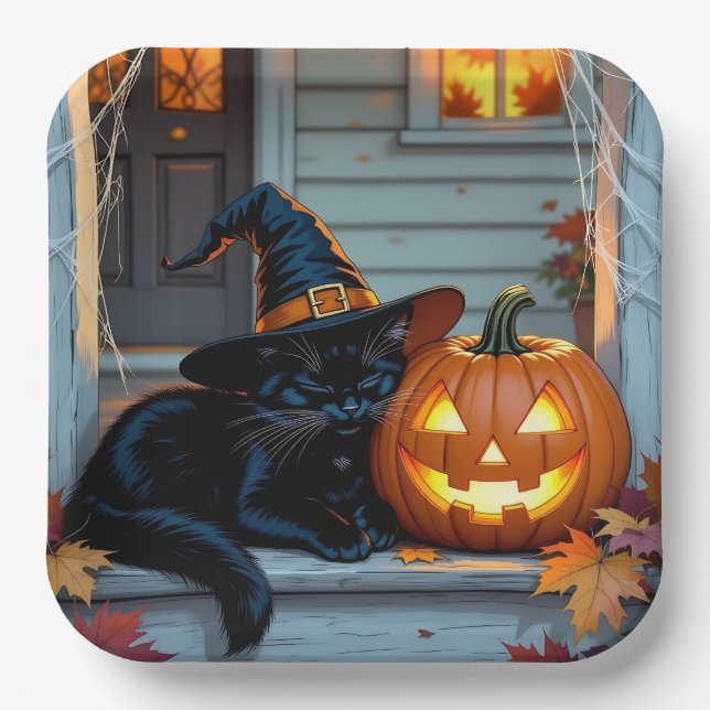 Black Cat Napping on Pumpkin Halloween  Paper Plates (Front)