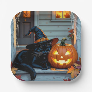 Black Cat Napping on Pumpkin Halloween Paper Plates