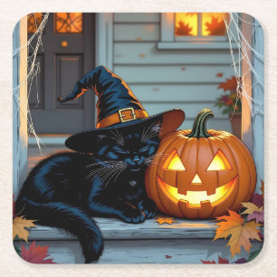 Black Cat Napping on Pumpkin Halloween Square Paper Coaster