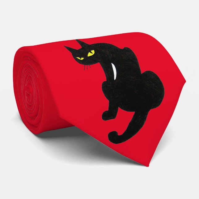  BLACK CAT NINJA  Black Red Drawing Neck Tie (Rolled)