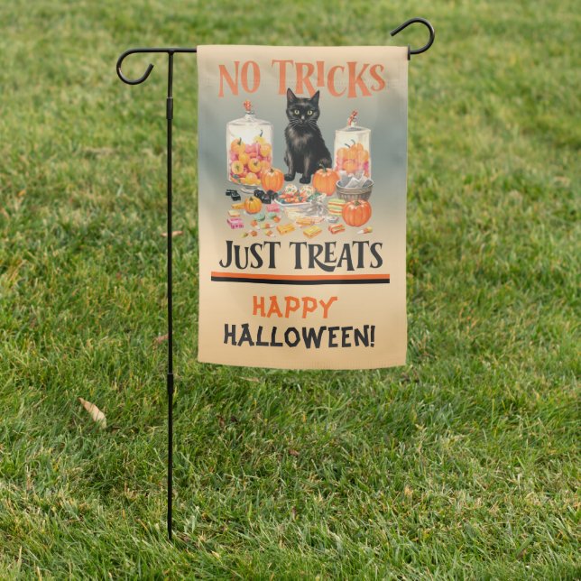 Black Cat - No Tricks Just Treats Halloween Garden Flag (In SItu)