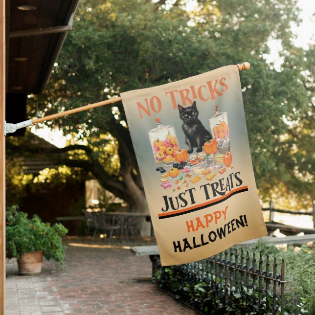 Black Cat - No Tricks Just Treats Halloween House Flag (In SItu)