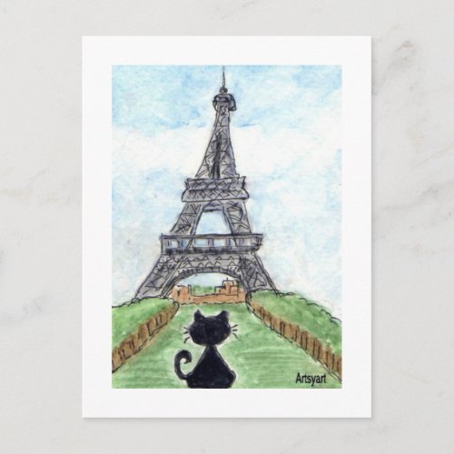 Black cat Noir Chat Looking at Eiffel Tower Art Postcard