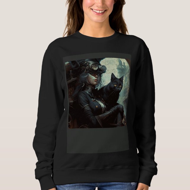 Black Cat Nursing Steampunk Sweatshirt (Front)
