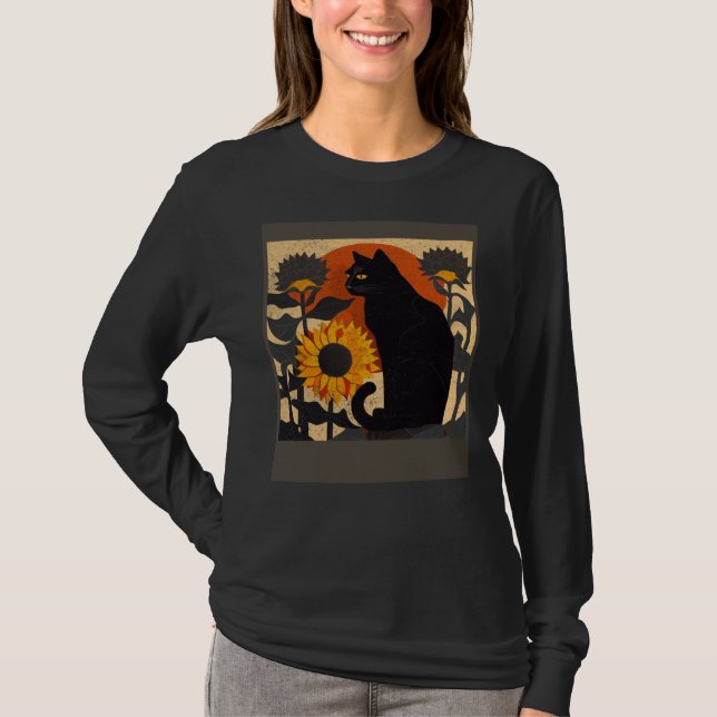 Black Cat Nursing Sunflower T-Shirt (Front)
