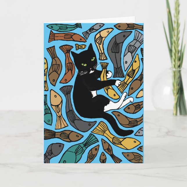Black Cat Octopus Tentacles Blue Whimsical Art Car Card (Front)