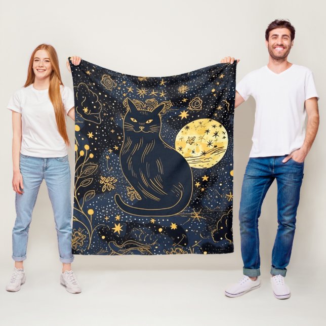 Black Cat of the Starry Skies Fleece Blanket (In Situ)