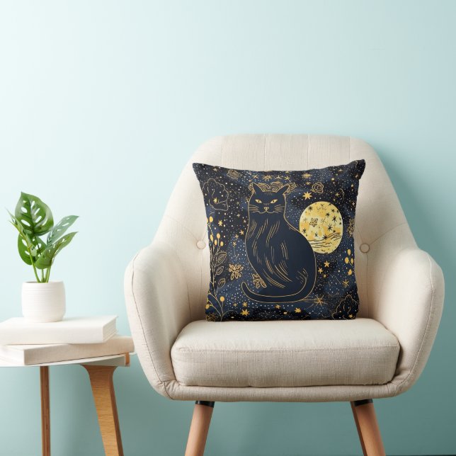 Black Cat of the Starry Skies Throw Pillow (Chair)