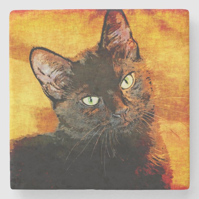 BLACK CAT OLIVE STONE COASTER (Front)