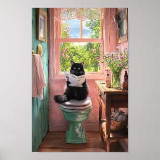 Black Cat on a Bathroom Seat Reading Papers Poster