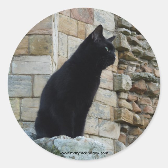 "Black Cat on a Castle Wall" (2) Classic Round Sticker (Front)